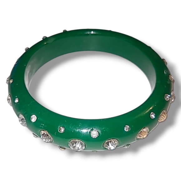 Vintage Green Lucite Bangle Bracelet Rhinestone Studded Acrylic 2.55" - Picture 2 of 4